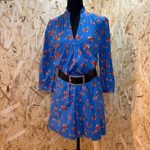 Zara Blue Floral Cotton Dress | Red Flower Print | Belted | Long Sleeve | Size L